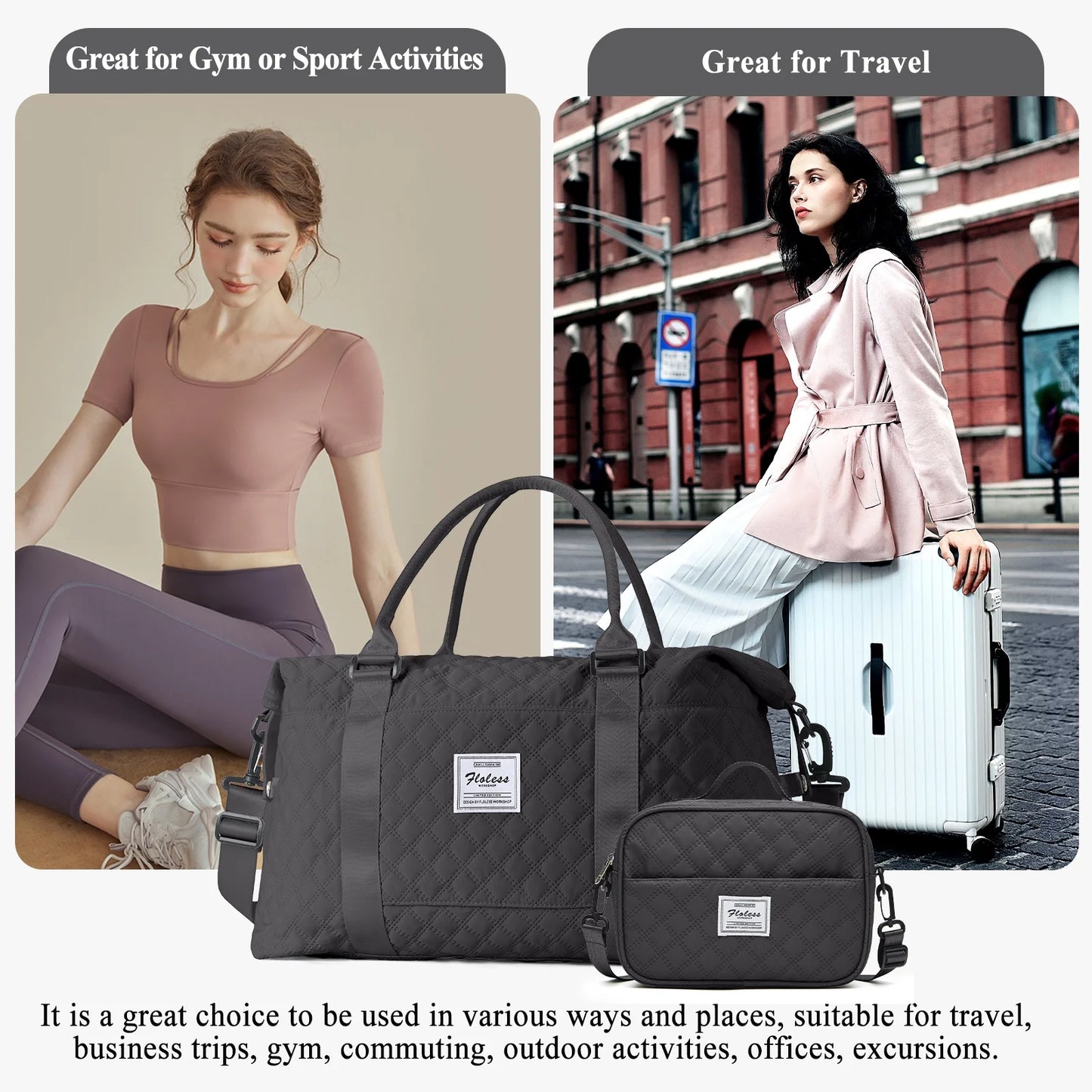 Travel Duffle Bag,Casual Sport Bag for Woman,Men Gym Tote Bag,Weekender Overnight Bag Carry on Bag Hospital Holdalls ,Personal Item Bag for Airlines with Wet Pocket Dimgrey